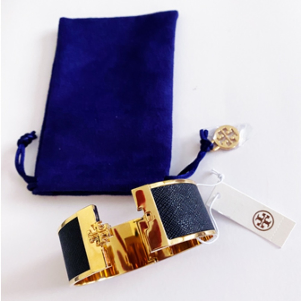 NWT TORY BURCH NAVY SKINNY LEATHER GOLD TONE CUFF - Picture 3 of 3